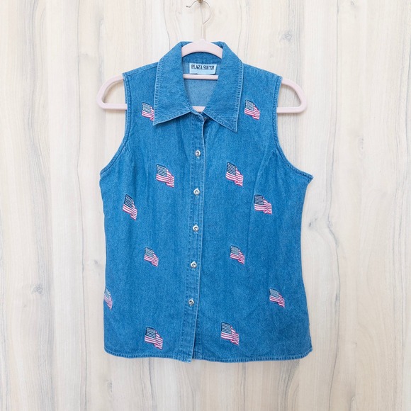 Plaza South Tops - Vintage Womens Denim Sleeveless Top L Blue American Flag Embroidered Patriotic